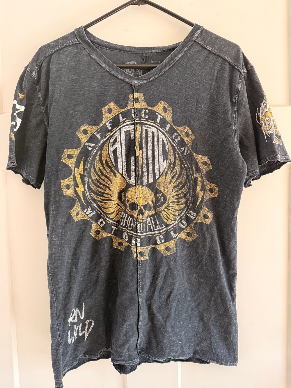 Affliction Black Men’s Short Sleeve Graphic Tee with Gold Skull Emblem